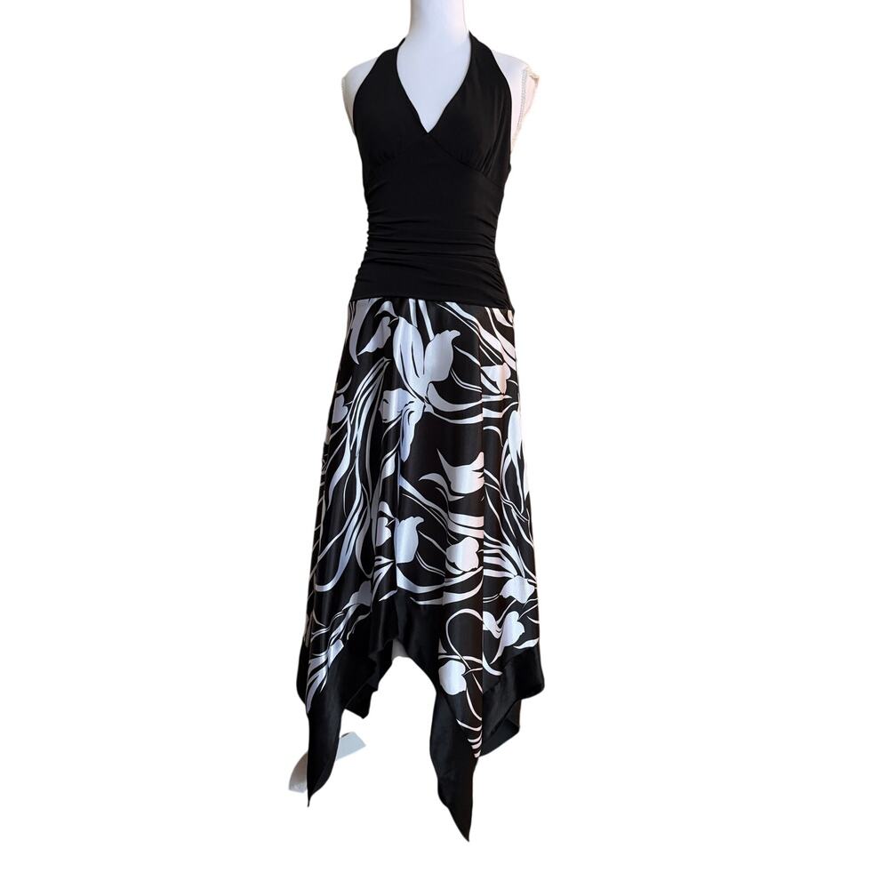 Speechless Halter Dress Black White Floral Handkerchief Hem Ruched Small USA
